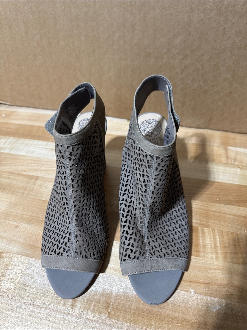 Vince Camuto Gray Laser-Cut Peep-Toe Slingback Heels